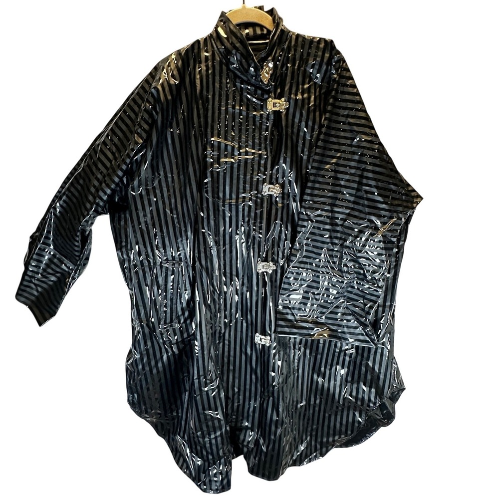 Waterfalls Vintage Black Striped Vinyl Raincoat One Size Metal Clasp Trench Coat